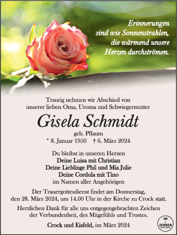 Traueranzeige von Gisela Schmidt von Südthüringer Presse