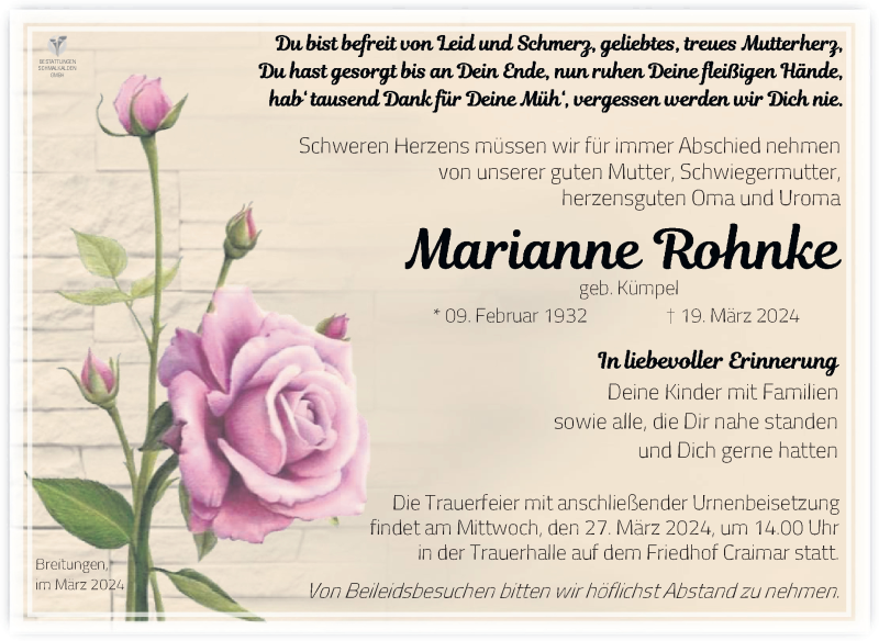  Traueranzeige für Marianne Rohnke vom 23.03.2024 aus Südthüringer Presse
