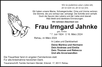 Traueranzeige von Irmgard Jahnke von Frankenpost