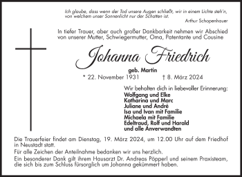 Traueranzeige von Johanna Friedrich von Neue Presse Coburg