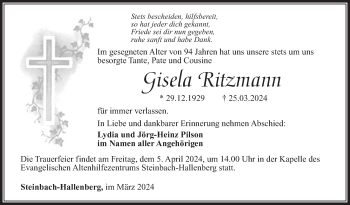 Traueranzeige von Gisela Ritzmann von Südthüringer Presse