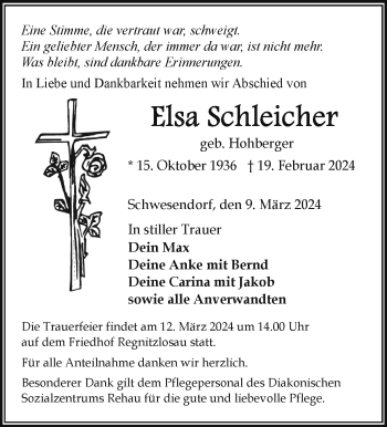 Traueranzeige von Elsa Schleicher von Frankenpost
