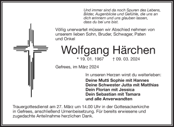 Traueranzeige von Wolfgang Härchen von Frankenpost