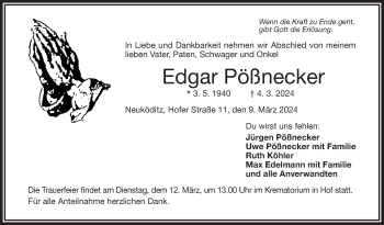 Traueranzeige von Edgar Pößnecker von Frankenpost