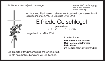 Traueranzeige von Elfriede Oelschlegel von Frankenpost