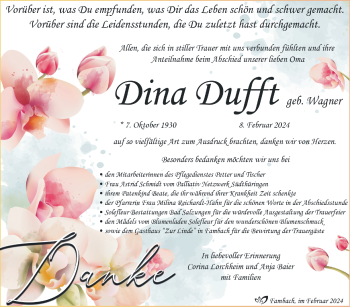 Traueranzeige von Dina Dufft von Südthüringer Presse