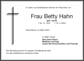 Traueranzeige von Betty Hahn von Frankenpost