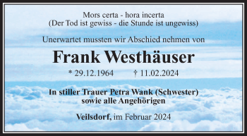 Traueranzeige von Frank Westhäuser von Südthüringer Presse