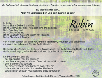 Traueranzeige von Robin Cramer von Südthüringer Presse