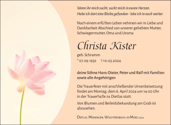 Traueranzeige von Christa Kister von Südthüringer Presse