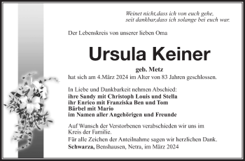 Traueranzeige von Ursula Keiner von Südthüringer Presse