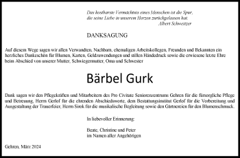Traueranzeige von Bärbel Gurk von Südthüringer Presse