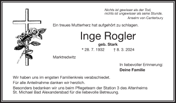 Traueranzeige von Inge Rogler von Frankenpost