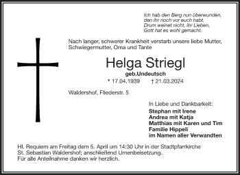 Traueranzeige von Helga Striegl von Frankenpost