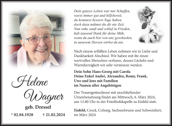 Traueranzeige von Helene Wagner von Südthüringer Presse