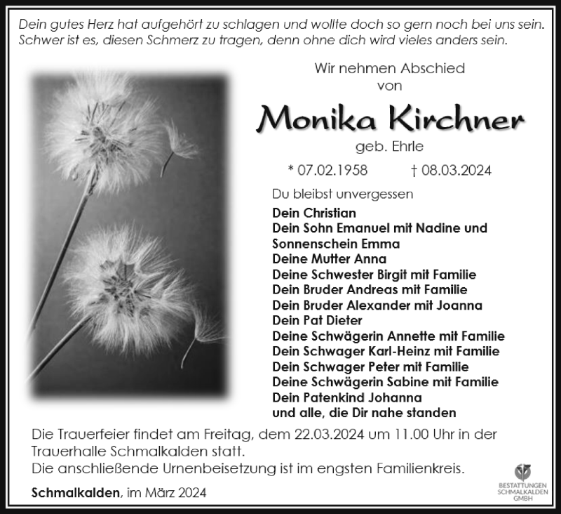  Traueranzeige für Monika Kirchner vom 16.03.2024 aus Südthüringer Presse