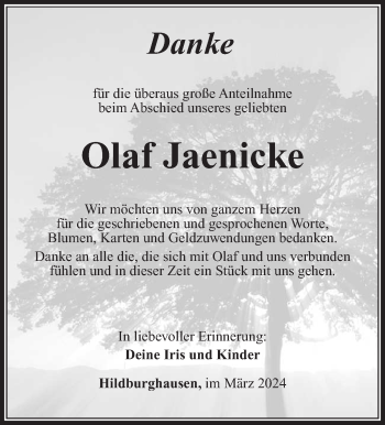Traueranzeige von Olaf Jaenicke von Südthüringer Presse