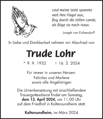 Traueranzeige von Trude Lohr von Südthüringer Presse