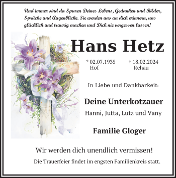 Traueranzeige von Hans Hetz von Frankenpost