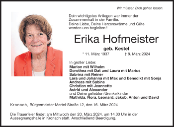 Traueranzeige von Erika Hofmeister von Neue Presse Coburg
