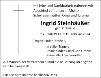 Traueranzeige von Ingrid Steinhäußer von Frankenpost