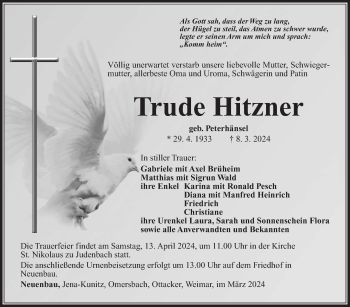 Traueranzeige von Trude Hitzner von Südthüringer Presse