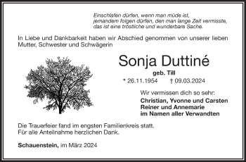 Traueranzeige von Sonja Duttiné von Frankenpost