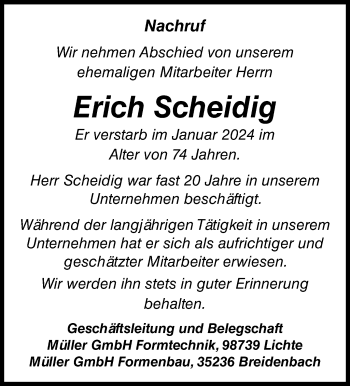 Traueranzeige von Erich Scheidig von Südthüringer Presse