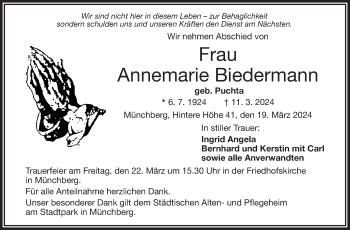 Traueranzeige von Annemarie Biedermann von Frankenpost