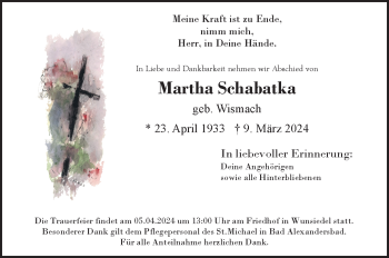 Traueranzeige von Marth Schabatka von Frankenpost
