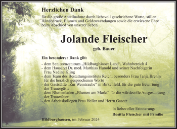 Traueranzeige von Jolande Fleischer von Südthüringer Presse