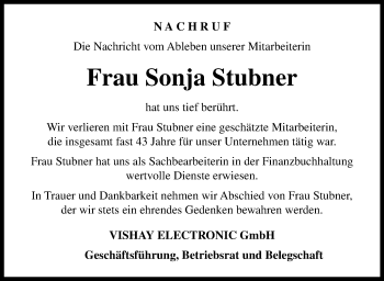 Traueranzeige von Sonja Stubner von Frankenpost