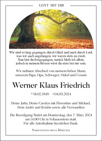 Traueranzeige von Werner Klaus Friedrich von Frankenpost