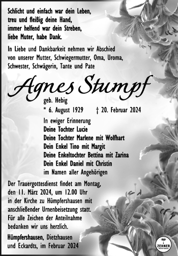 Traueranzeige von Agnes Stumpf von Südthüringer Presse