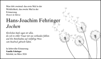 Traueranzeige von Hans-Joachim Fehringer von Südthüringer Presse