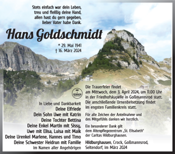 Traueranzeige von Hans Goldschmidt von Südthüringer Presse