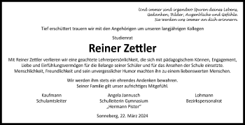 Traueranzeige von Reiner Zettler von Südthüringer Presse