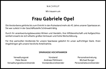 Traueranzeige von Gabriele Opel von Frankenpost