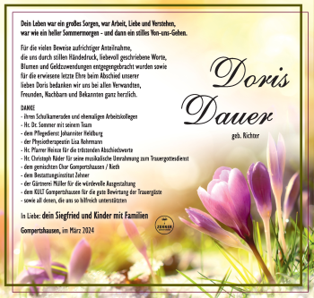Traueranzeige von Doris Dauer von Südthüringer Presse