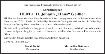 Traueranzeige von Johann Geißler von Neue Presse Coburg