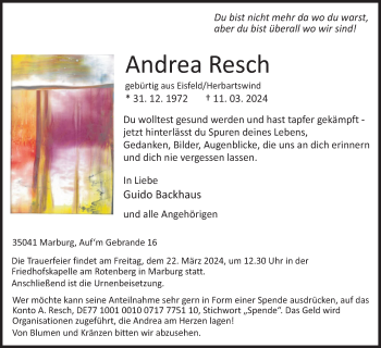 Traueranzeige von Andrea Resch von Südthüringer Presse