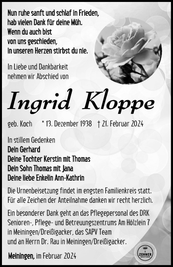 Traueranzeige von Ingrid Kloppe von Südthüringer Presse