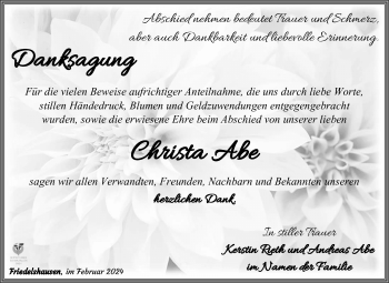 Traueranzeige von Christa Abe von Südthüringer Presse
