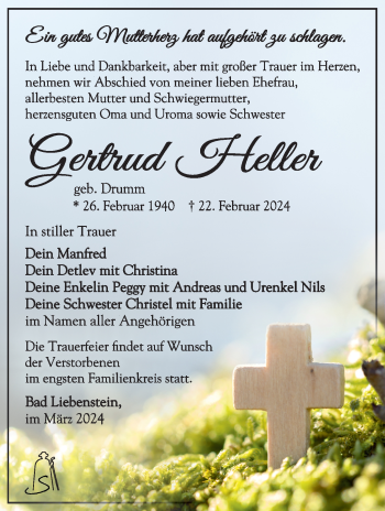 Traueranzeige von Gertrud Heller von Südthüringer Presse