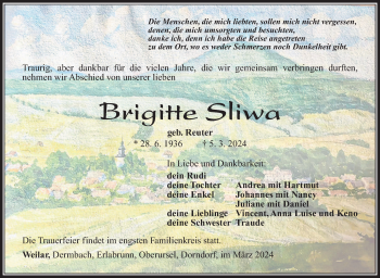 Traueranzeige von Brigitte Sliwa von Südthüringer Presse
