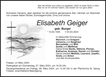 Traueranzeige von Elisabeth Geiger von Neue Presse Coburg