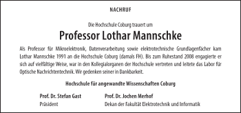 Traueranzeige von Lothar Mannschke von Neue Presse Coburg