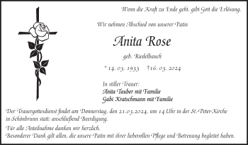 Traueranzeige von Anita Rose von Frankenpost