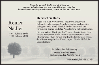 Traueranzeige von Reiner Nadler von Südthüringer Presse
