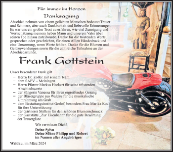 Traueranzeige von Frank Gottstein von Südthüringer Presse